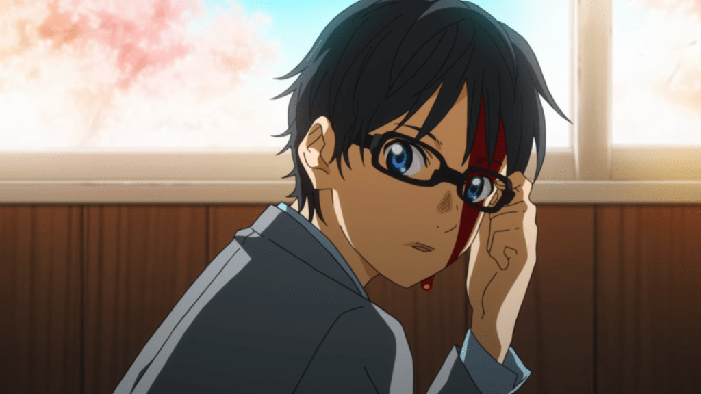 Arima, Kousei from Your Lie In April adjusting his glasses as his head bleeds.